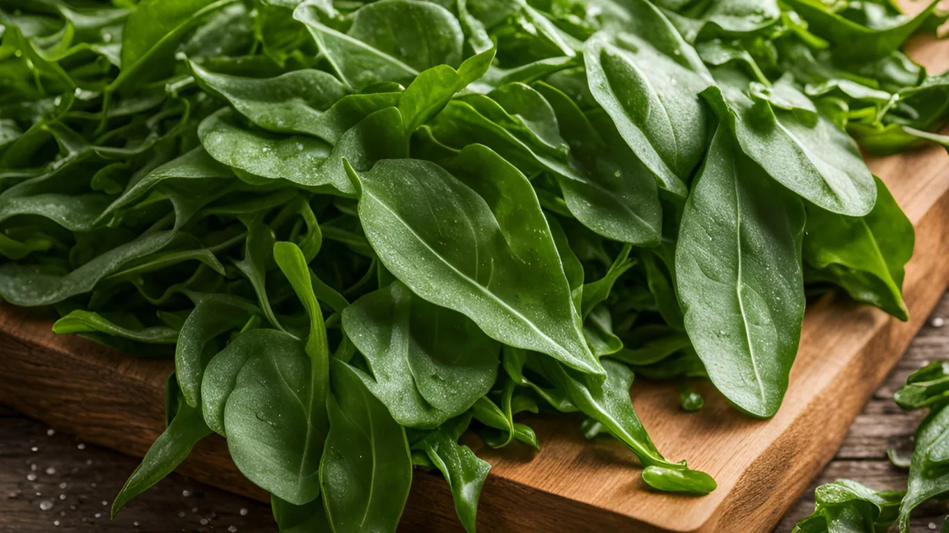 Freshly harvested arugula leaves on a wooden cutting board.