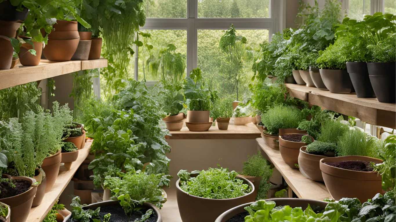 A thriving indoor garden of arugula and other leafy greens.