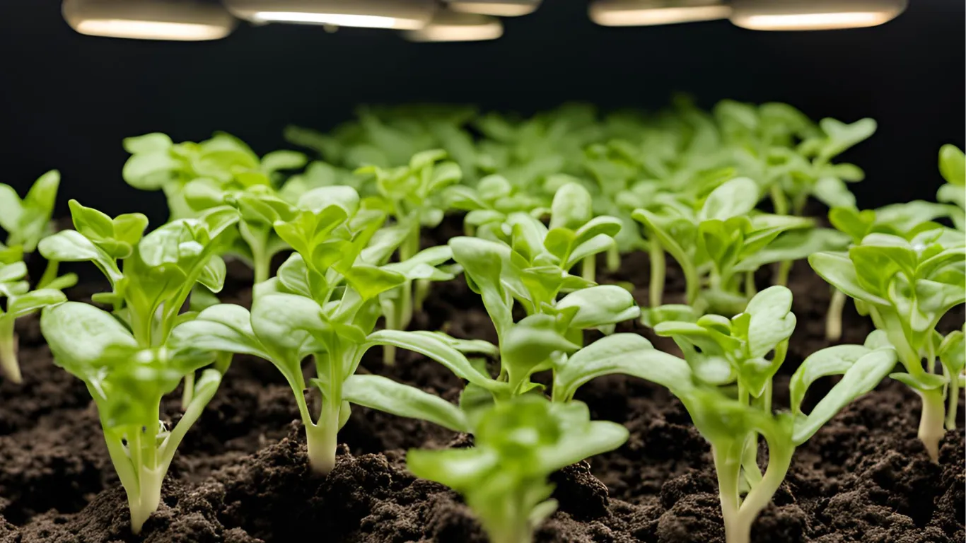 Arugula seedlings emerging from soil under grow lights.