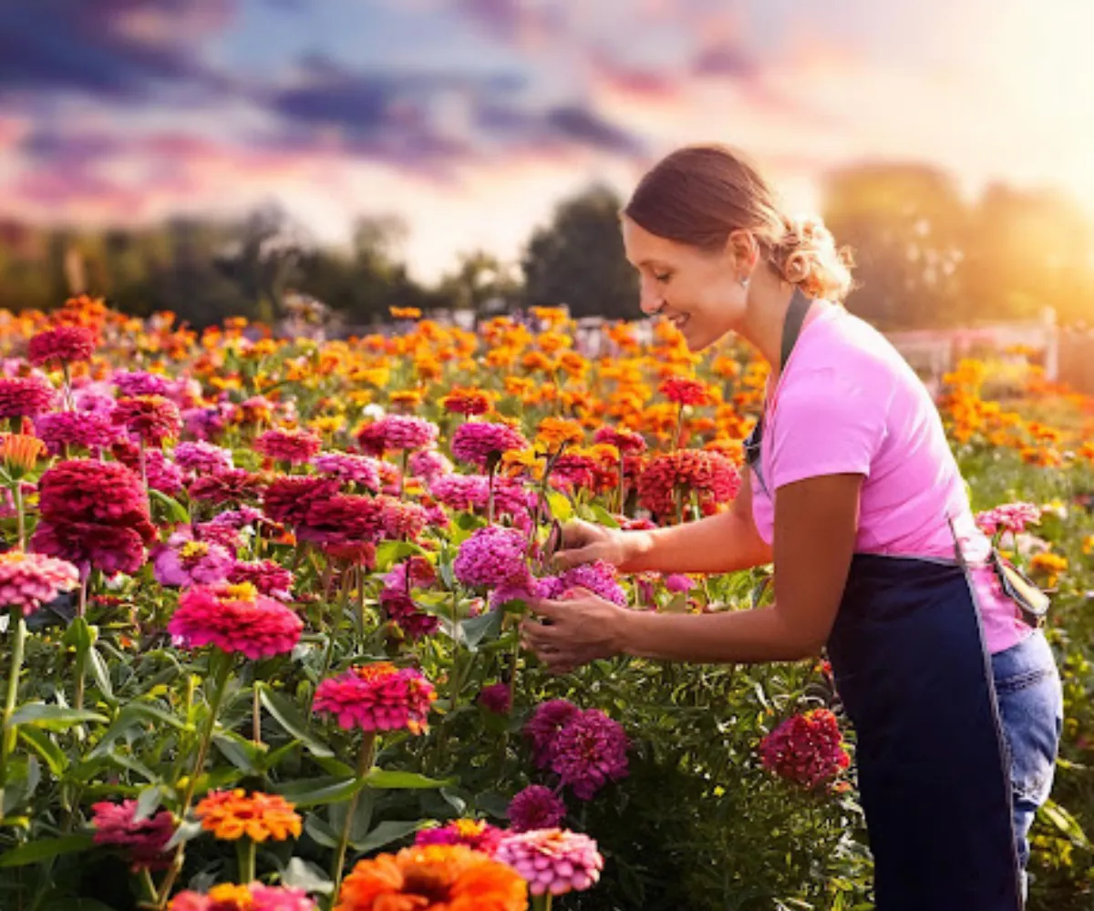 A vibrant garden filled with blooming zinnias in various colors