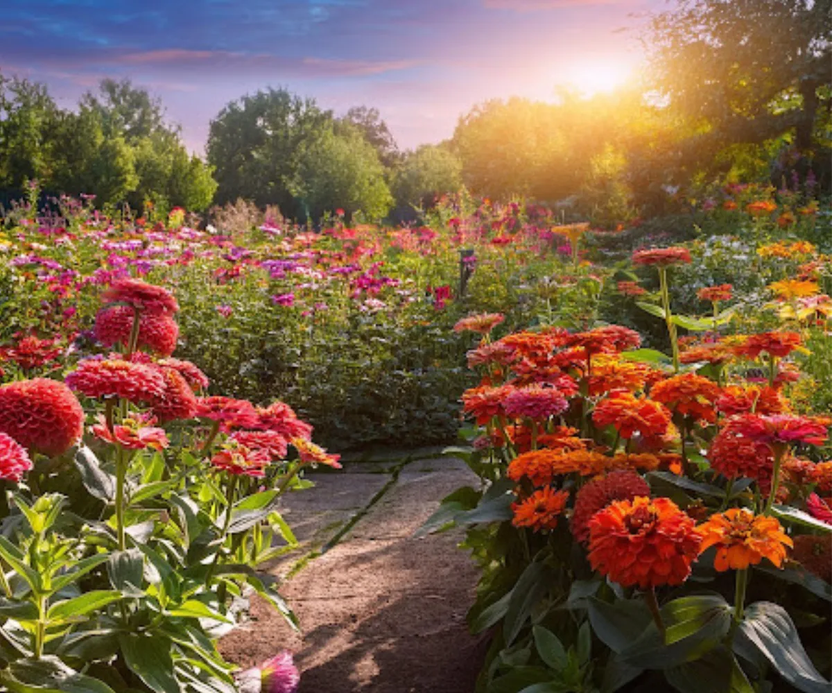 A vibrant coral zinnia glowing in the evening light