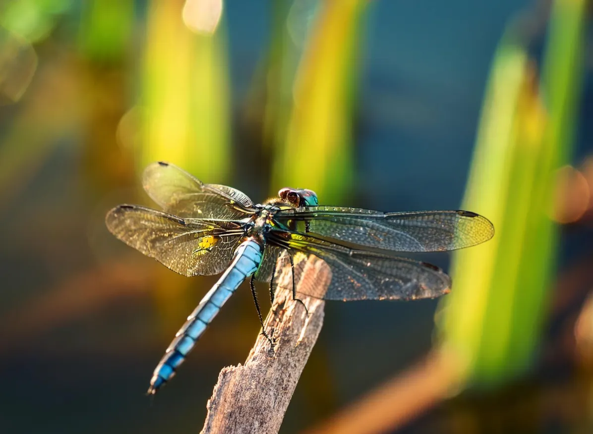 Close-up of a dragonfly perched on a green plant