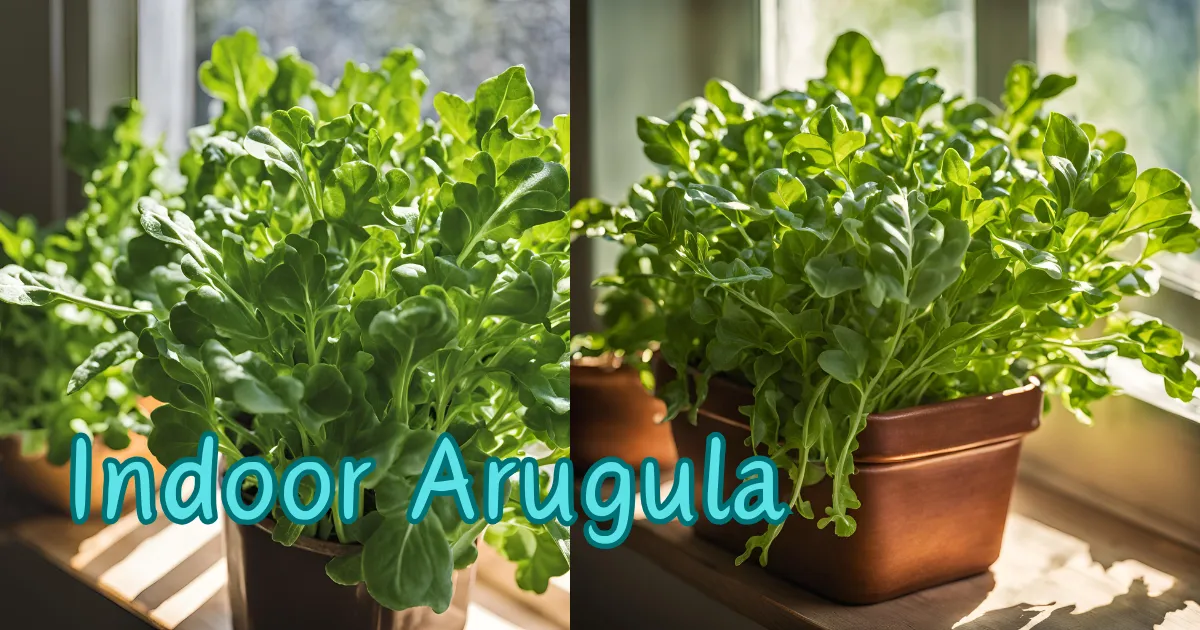 A vibrant container of arugula growing indoors on a sunny windowsill.