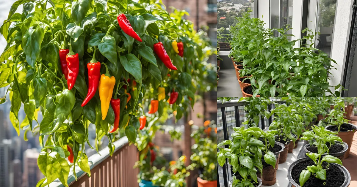 Pepper plants thriving in containers on a balcony