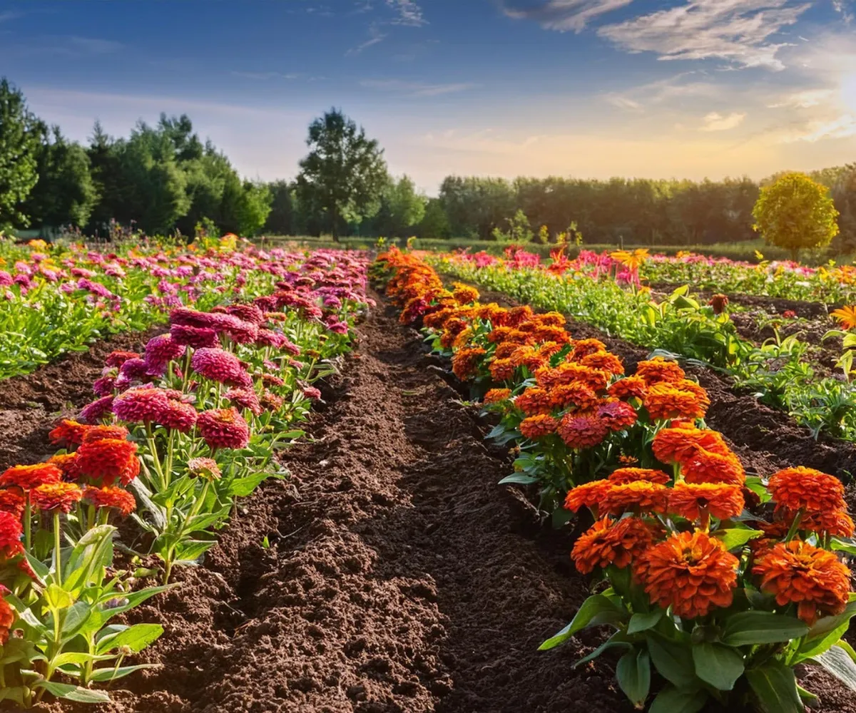 Zinnias planted alongside marigolds and basil