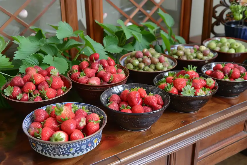 A basket filled with freshly picked, ripe strawberries placed on the ground in a sunny garden.