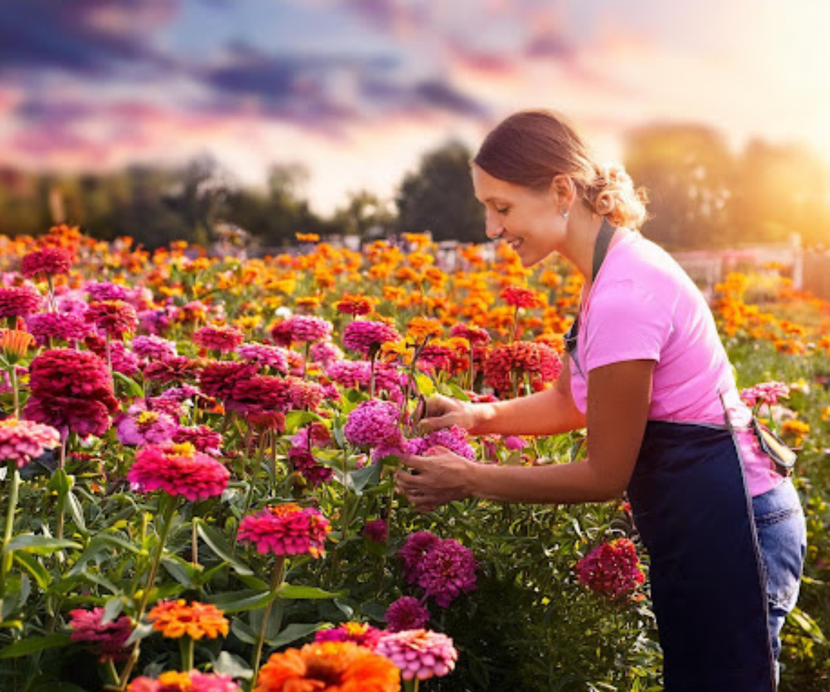 Garden filled with colorful blooming zinnias