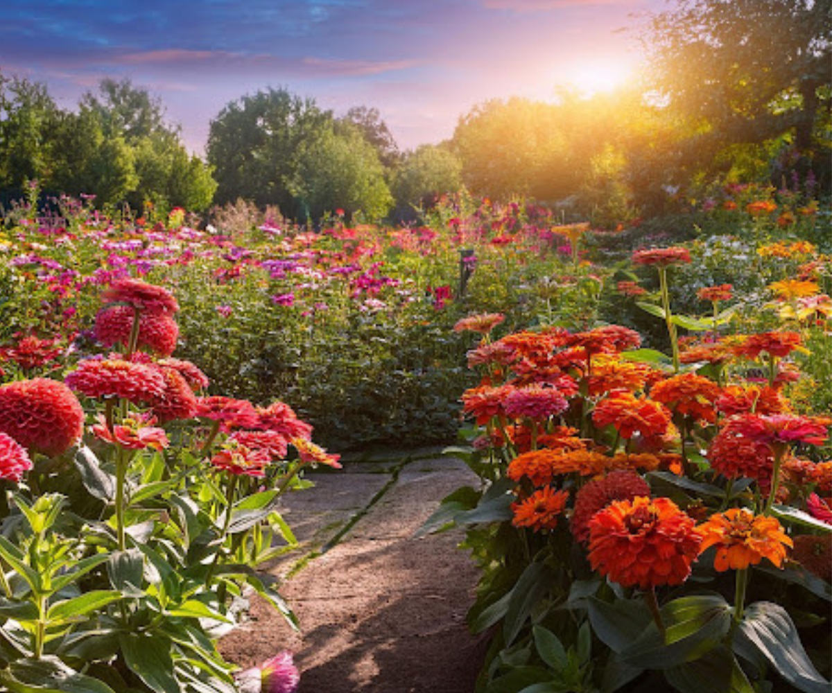 Butterflies and bees pollinating zinnias