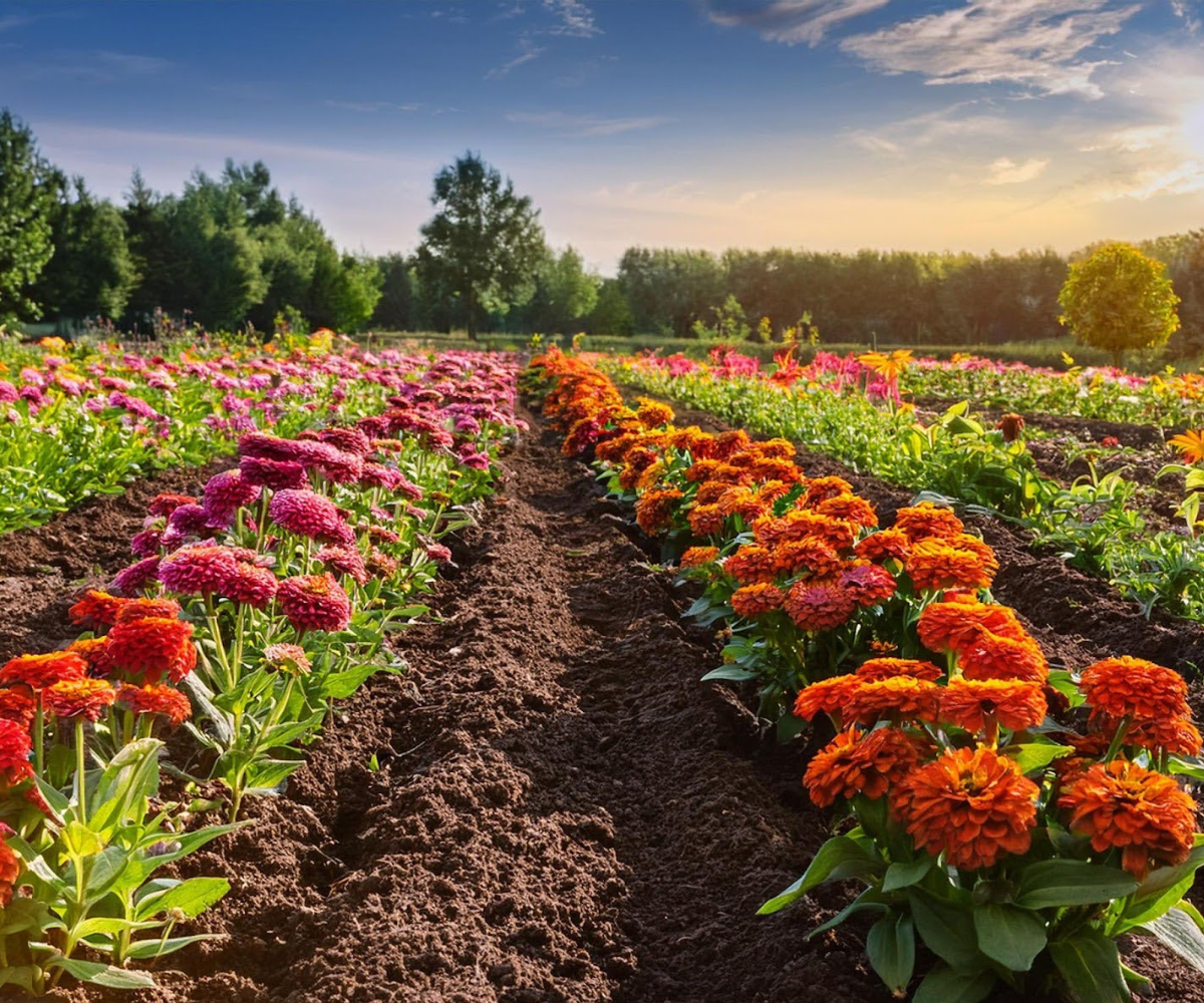 Zinnias planted alongside marigolds and basil.